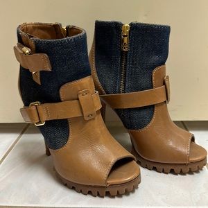 Tory Burch Cognac Brown Leather & Dark Blue Denim Peep Toe Boots